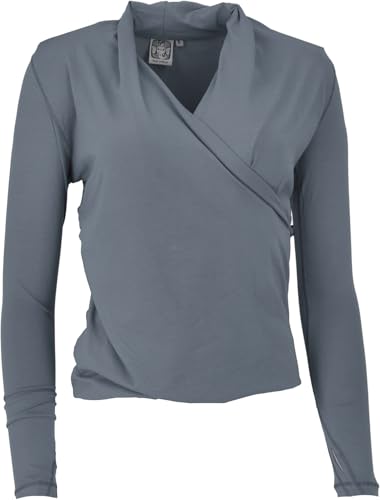 GURU SHOP Langarmshirt im Wickellook mit Daumenloch, Yogashirt aus Bio-Baumwolle - Dunkelgrau, Damen, Size:S von GURU SHOP