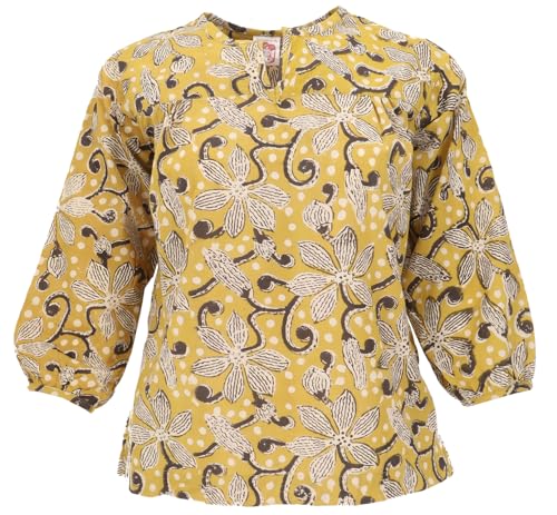GURU SHOP Leichte Baumwollbluse, Boho Schlupfbluse mit V-Ausschnitt - Gelb, Damen, Baumwolle, Size:L von GURU SHOP