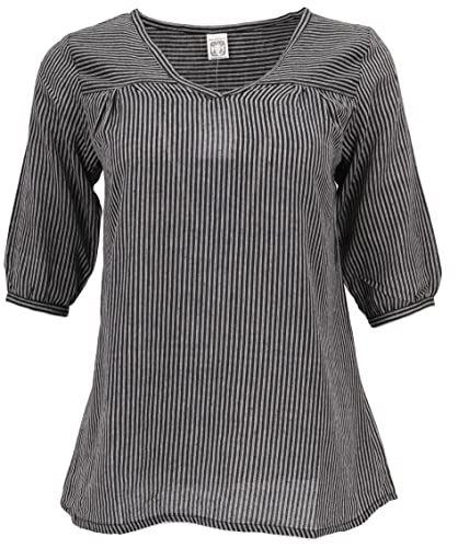 GURU SHOP Leichte Baumwollbluse, Gestreifte Boho Schlupfbluse mit V-Ausschnitt - Schwarz/grau, Damen, Baumwolle, Size:S von GURU SHOP