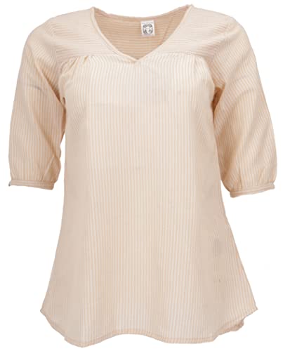 GURU SHOP Leichte Baumwollbluse, Gestreifte Schlupfbluse mit V-Ausschnitt, Weiß/beige, Baumwolle, Size:L (40) von GURU SHOP