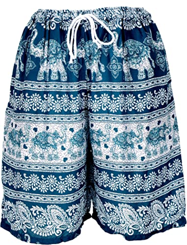 GURU SHOP Leichte Shorts, Kurze Unisex Hose mit Elefanten-Print, Damen, Petrol, Synthetisch, Size:38 von GURU SHOP