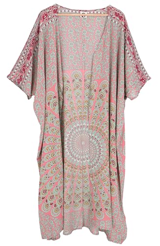 GURU SHOP Leichter Sommer Kimono, Umhang, Strandkleid mit Mandala Muster, Damen, Pink/grün, Synthetisch, Size:44 von GURU SHOP