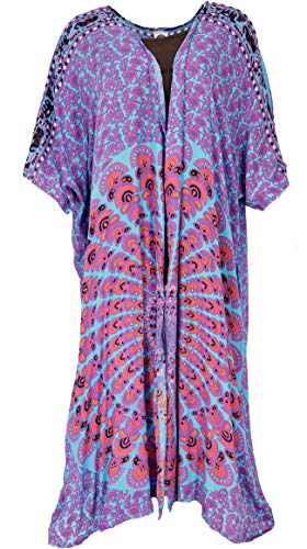 GURU SHOP Leichter Sommer Kimono, Umhang, Strandkleid mit Mandala Muster, Damen, Türkis/pink/schwarz, Synthetisch, Size:44 von GURU SHOP