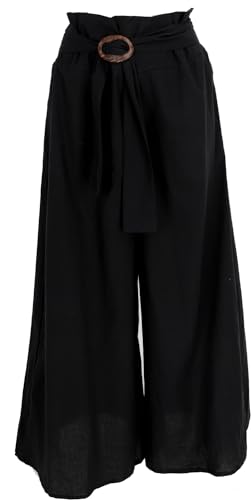 GURU SHOP Luftige Sommerhose mit Kokosschnalle, Boho Palazzohose, Weite Baumwollhose - Schwarz, Damen, Baumwolle, Size:M von GURU SHOP