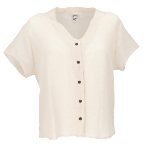 GURU SHOP Luftiges Basic Blusentop, Kurzarm Baumwollbluse mit Hübschem Ausschnit- Naturweiß, Damen, Beige, Baumwolle, Size:M von GURU SHOP