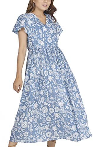 GURU SHOP Luftiges Sommerkleid, Handbedrucktes Maxikleid, Baumwollkleid, Blau, Baumwolle, Size:L (40) von GURU SHOP