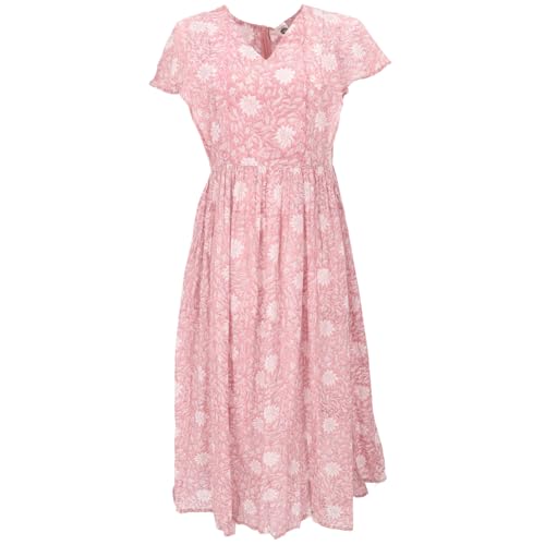 GURU SHOP Luftiges Boho Sommerkleid, Handbedrucktes Maxikleid, Baumwollkleid - Rosa, Damen, Baumwolle, Size:M von GURU SHOP