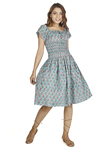 GURU SHOP Minikleid, Handbedrucktes Luftiges Sommerkleid, Baumwollkleid, Türkis, Baumwolle, Size:S (36) von GURU SHOP