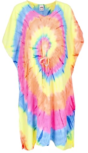 GURU SHOP Mittellanger Batik Boho Kaftan, Farbenfrohes Strandkleid Maxi Größe - Neon Rainbow, Damen, Synthetisch von GURU SHOP