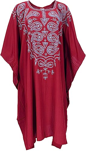 GURU SHOP Mittellanger Bestickter Kaftan, Besticktes Strandkleid Maxi Größe, Damen, Rot, Synthetisch, Size:One Size von GURU SHOP