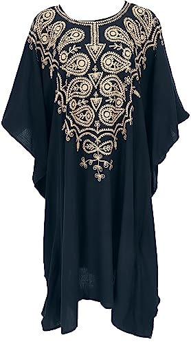 GURU SHOP Mittellanger Bestickter Kaftan, Besticktes Strandkleid Maxi Größe, Damen, Schwarz, Synthetisch, Size:One Size von GURU SHOP