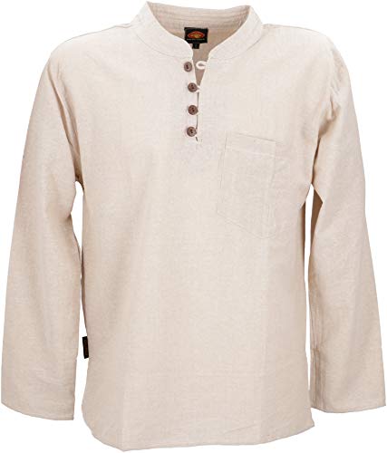 GURU SHOP Nepal Ethno Yogahemd mit Kokosknöpfen, Kurta-Hemd, Freizeithemd mit Stehkragen, Creme, Baumwolle, Size:M von GURU SHOP