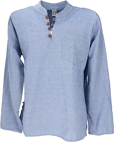 GURU SHOP Nepal Ethno Yogahemd mit Kokosknöpfen, Kurta-Hemd, Freizeithemd mit Stehkragen, Hellblau, Baumwolle, Size:XL von GURU SHOP