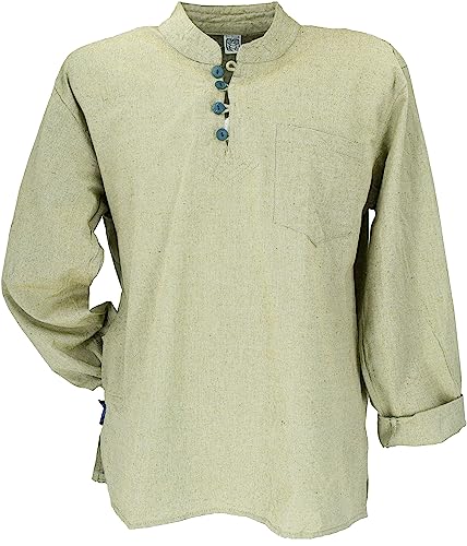 GURU SHOP Nepal Ethno Yogahemd mit Kokosknöpfen, Kurta-Hemd, Freizeithemd mit Stehkragen, Hellgrün, Baumwolle, Size:L von GURU SHOP