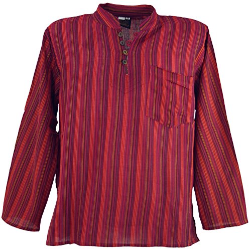 GURU SHOP Nepal Fischerhemd, Gestreiftes Goa Hippie Hemd, Yogahemd, Rot, Baumwolle, Size:44 von GURU SHOP