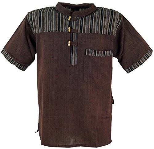 GURU SHOP Nepal Fischerhemd, Gestreiftes Goa Hippie Kurzarmhemd, Coffee, Baumwolle, Size:M von GURU SHOP