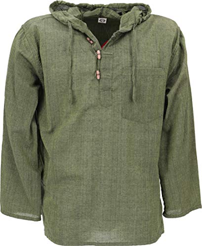 GURU SHOP Nepal Hemd, Goa Hippie Sweatshirt, Yogashirt, Schlupfhemd mit Kapuze, Olive, Baumwolle, Size:S von GURU SHOP