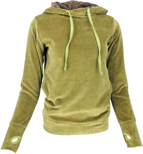 GURU SHOP Nicki-Kapuzenpullover, Weicher Hoodie, Boho Samt Sweatshirt - Grün, Damen, Baumwolle, Size:L von GURU SHOP