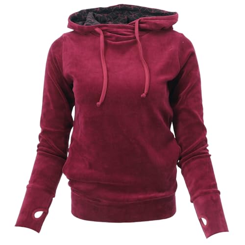 GURU SHOP Nicki-Kapuzenpullover, Weicher Hoodie, Boho Samt Sweatshirt - Weinrot, Damen, Baumwolle, Size:L von GURU SHOP