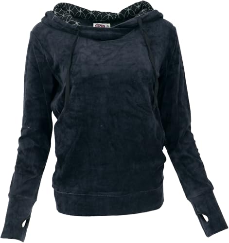 GURU SHOP Nicki-Kapuzenpullover, Weicher Hoodie, Boho Samt Sweatshirt - Schwarz, Damen, Baumwolle, Size:S von GURU SHOP