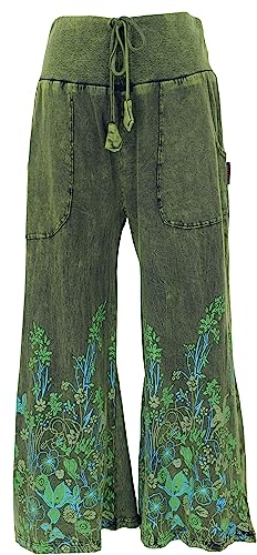 GURU SHOP Palazzohose, Baumwollhose, Hippiehose mit Blüten, Schlaghose, Grün, Baumwolle, Size:L (42) von GURU SHOP