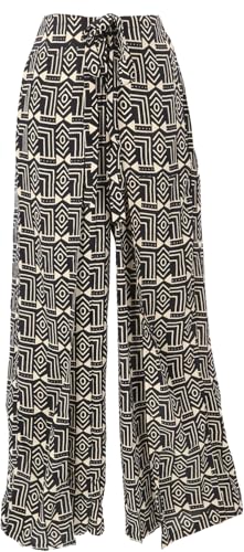 GURU SHOP Palazzohose mit African Print, Offene Boho Sommerhose, Hosenrock- Schwarz/beige, Damen, Synthetisch, Size:L von GURU SHOP
