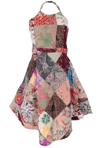 GURU SHOP Patchwork Unikat Sommerkleid, Neckholder Upcyceling Patchwork Kleid - Rot/bunt, Damen, Baumwolle von GURU SHOP