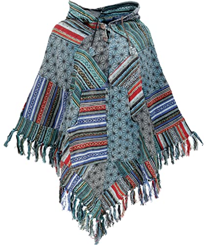 GURU SHOP Patchworkponcho mit Kapuze, Fransen, Ethno Poncho, Herren/Damen, Blau, Baumwolle, Size:One Size von GURU SHOP