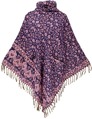 GURU SHOP Poncho Hippie Chic, Langer Paisley Poncho mit Gerafftem Kragen, Damen, Rosa/violett, Synthetisch, Size:40 von GURU SHOP