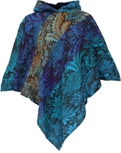 GURU SHOP Poncho mit Kapuze, Goa Hippie, Boho Poncho - Türkis/mustard, Damen, Synthetisch von GURU SHOP