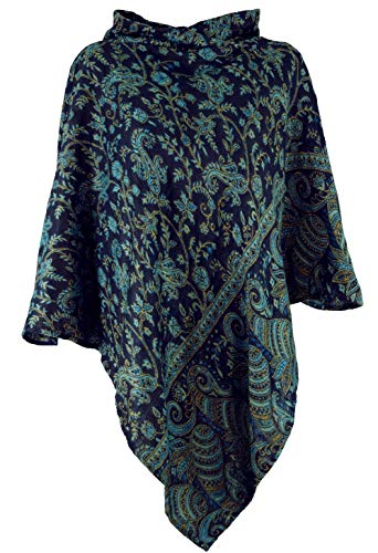 GURU SHOP Poncho mit Kapuze, Goa Hippie, Poncho, Damen, Schwarz/Petrol, Synthetisch, Size:40 von GURU SHOP