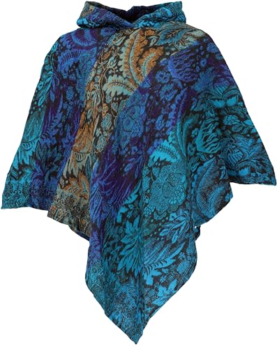 GURU SHOP Poncho mit Kapuze, Goa Hippie, Poncho, Damen, Türkis/mustard, Synthetisch, Size:40 von GURU SHOP