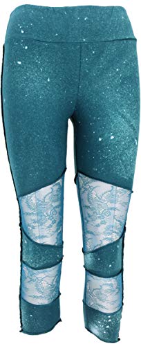 GURU SHOP Psytrance 3/4 Goa Damen Leggings, Festival Party Hose mit Spitze, Petrol, Baumwolle, Size:M/L (38) von GURU SHOP