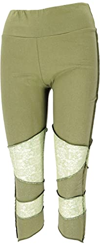 GURU SHOP Psytrance 3/4 Goa Damen Leggings, Festival Party Hose mit Spitze, Lemon, Baumwolle, Size:M/L (38) von GURU SHOP