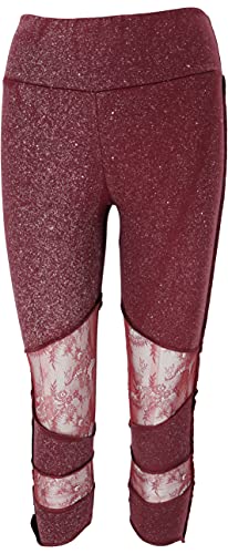 GURU SHOP Psytrance 3/4 Goa Damen Leggings, Festival Party Hose mit Spitze, Maroon, Baumwolle, Size:S/M (36) von GURU SHOP