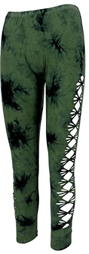 GURU SHOP Psytrance Batik Goa Damen Leggings, Yoga Leggings, Olivgrün, Baumwolle, Size:L/XL (40) von GURU SHOP