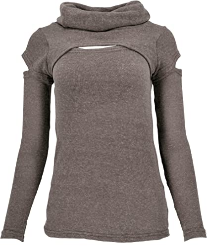 GURU SHOP Psytrance Feinstrick Langarmshirt mit Offenen Schultern, Rollkragen, Cappuccino, Baumwolle, Size:S (36) von GURU SHOP