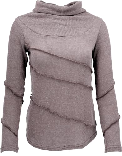GURU SHOP Psytrance Feinstrick Shirt, Langarmshirt, Pullover mit Overlock - Cappuccino, Damen, Baumwolle, Size:L von GURU SHOP