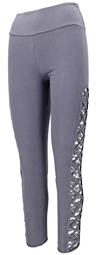 GURU SHOP Psytrance Goa Damen Leggings, Festival Party Hose mit Spitze, Taubenblau, Baumwolle, Size:S/M (36) von GURU SHOP