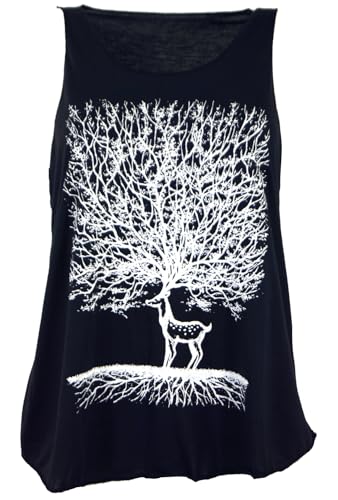 GURU SHOP Retro Art Tanktop mit Ethnodruck - Deer Tree Schwarz, Damen, Synthetisch von GURU SHOP
