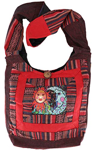 GURU SHOP Schultertasche, Hippie Tasche, Goa Schulterbeutel mit Sonne, Mond - Rot, Herren/Damen, Baumwolle, Size:One Size, 30x30x8 cm, Alternative Umhängetasche, Handtasche aus Stoff von GURU SHOP