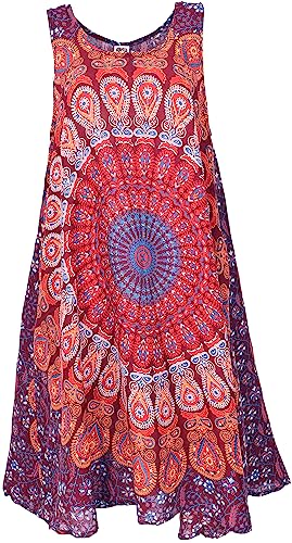 GURU SHOP Schwingendes Ethno Midikleid, Luftiges Sommerkleid, Wadenlanges Kleid, Damen, Dunkelrot, Synthetisch, Size:40 von GURU SHOP