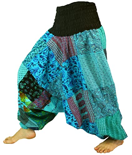 GURU SHOP Sommerliche Aladinhose Patchwork Pluderhose, Hippie Hose, Damen, Türkis, Baumwolle, Size:40 von GURU SHOP