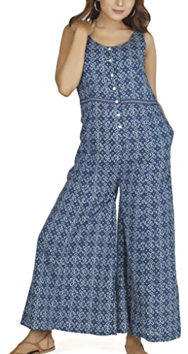 GURU SHOP Sommerliche Latzhose, Ethno Style Oversize Einteiler, Blockdruck Overall, Blau, Baumwolle, Size:L (40) von GURU SHOP