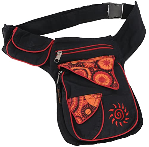 GURU SHOP Stoff Sidebag & Gürteltasche, Goa Hüfttasche, Bauchtasche mit Stickerei Sonne - Schwarz/rot, Herren/Damen, Baumwolle, Size:One Size, 25x20x10 cm, Festival- Bauchtasche Hippie von GURU SHOP