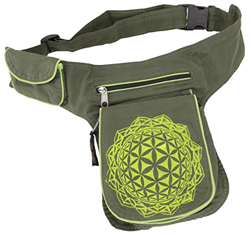 GURU SHOP Stoff Sidebag & Hüfttasche `Flower of Life`, Boho Gürteltasche, Bauchtasche aus Nepal - Olivgrün, Herren/Damen, Baumwolle, Size:One Size, 25x20x4 cm, Festival- Bauchtasche Hippie von GURU SHOP