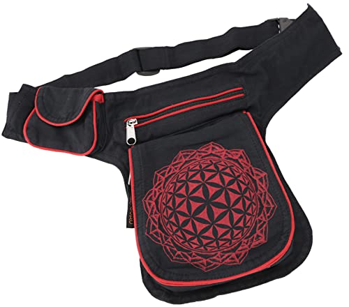 GURU SHOP Stoff Sidebag & Hüfttasche `Flower of Life`, Boho Gürteltasche, Bauchtasche aus Nepal - Schwarz/rot, Herren/Damen, Baumwolle, Size:One Size, 20x15x4 cm, Festival- Bauchtasche Hippie von GURU SHOP