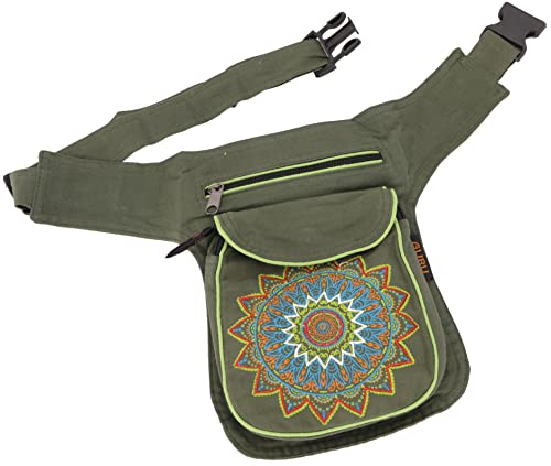 GURU SHOP Stoff Sidebag & Hüfttasche Mandala, Goa Gürteltasche, Bauchtasche aus Nepal - Olivgrün, Herren/Damen, Baumwolle, Size:One Size, 28x20x3 cm, Festival- Bauchtasche Hippie von GURU SHOP