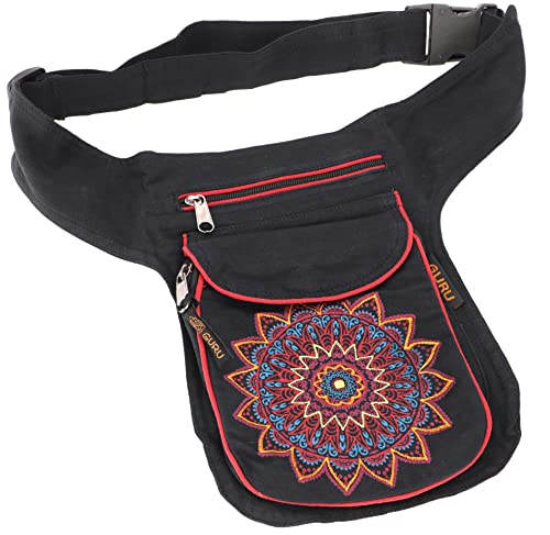 GURU SHOP Stoff Sidebag & Hüfttasche Mandala, Goa Gürteltasche, Bauchtasche aus Nepal - Schwarz/rot, Herren/Damen, Baumwolle, Size:One Size, 25x20x4 cm, Festival- Bauchtasche Hippie von GURU SHOP