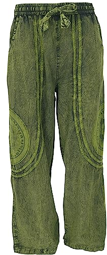 GURU SHOP Stonewash Yogahose, Unisex Baumwoll-Goa-Hose mit Thanka Print, Grün, Baumwolle, Size:XL (52) von GURU SHOP